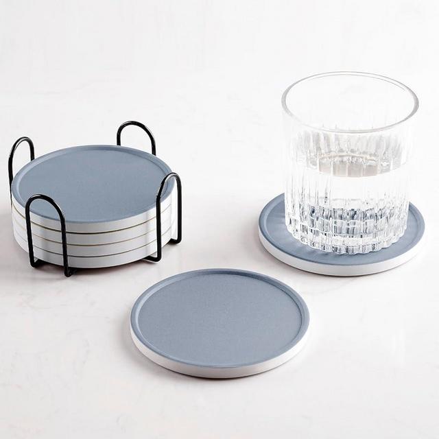 Hoomey Set of 6 Dusty Blue Coasters with Holder, Absorbent Ceramic Drink Coasters with Cork Backing for Table Protection, Table Decor, Housewarming Gifts