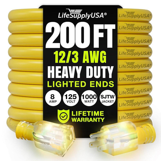 200ft Outdoor/Indoor Extension Cord 12/3 Gauge Extra Heavy Duty 3 Prong SJTW, Waterproof, Flexible Cold-Resistant Long Power Cord,8A 125V 1000W, Yellow by LifeSupplyUSA