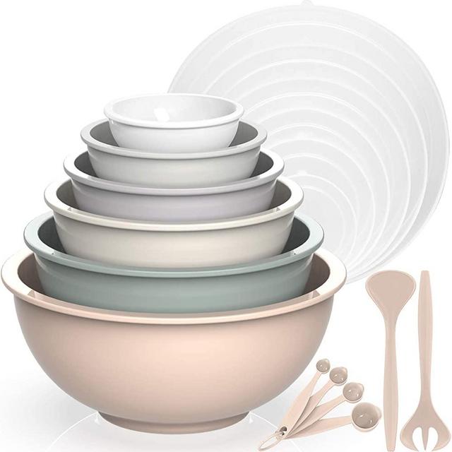 Mixing Bowls with Airtight Lids, Umite Chef 18 Piece Plastic Nesting Serving Bowls with Lids, Includes Salad spoon & Measuring Cups, Microwave Safe Mixing Bowl Set for Mixing, Baking, Serving (Khaki)