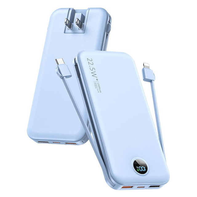 Portable Charger with Built-in Cables and Wall Plug, 12000mAh 22.5W USB C Power Bank Fast Charging with LED Display, External Battery Pack Travel Essentials Compatible with iPhone, iPad, Samsung Blue