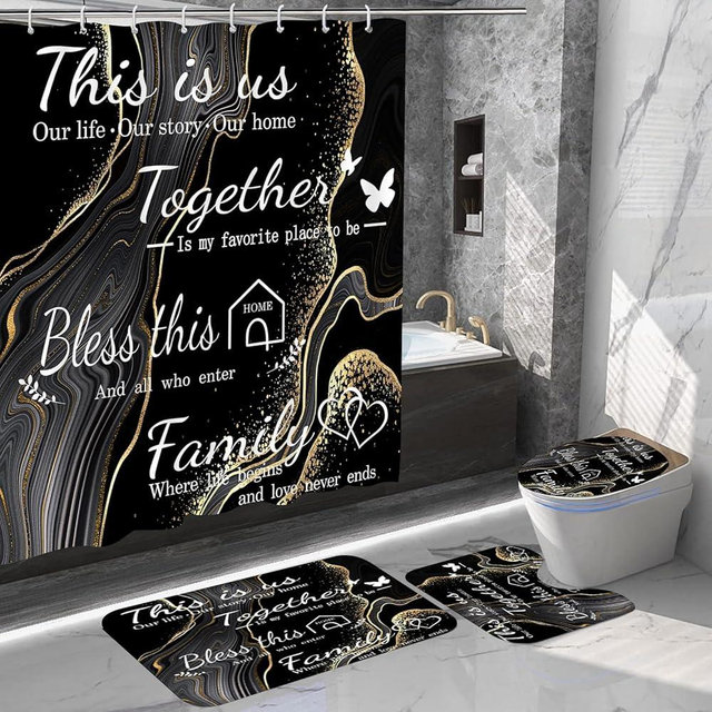 juwute 4Pcs Family Marble Shower Curtain Sets with Rugs,Black Home Inspirational Bathroom Decor Set, Bathroom Sets with Shower Curtain and Rugs, Waterproof Bathroom Shower Curtains, with 12 Hooks