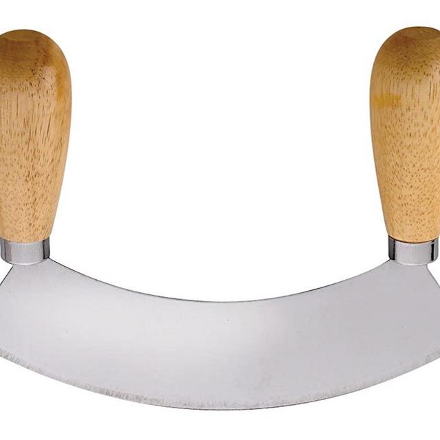 HIC's Mezzaluna Rocking Vegetable Chopper and Mincing Knife, 6.75-Inch Stainless Steel Blade with Wooden Handles