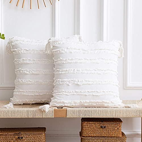 DEZENE 18x18 Throw Pillow Cases: 2 Pack Boho Striped Cotton Linen Square Decorative Pillow Covers with Tassels for Farmhouse Couch Sofa Chair, Ivory White