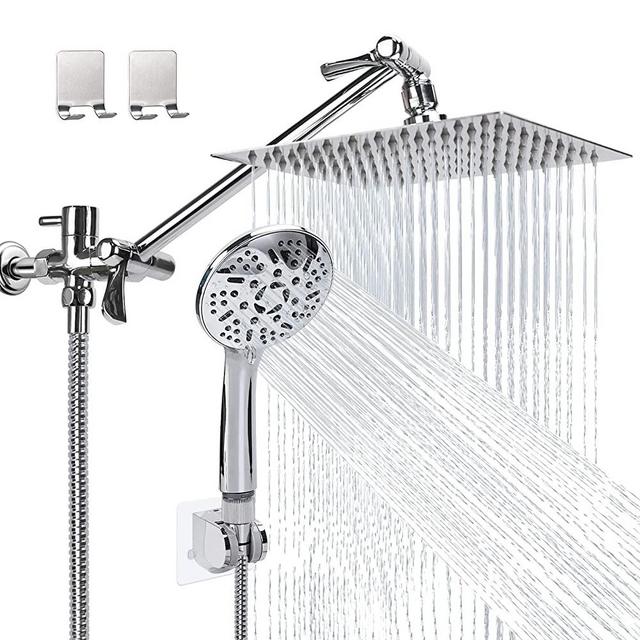 Rain Shower Head with Handheld, Lanhado 8'' High Pressure Rainfall Shower Head with 11'' Extension Arm, 9 Settings Handheld Shower Heads with Holder & Hose, Anti-leak Waterfall Showerhead, Chrome