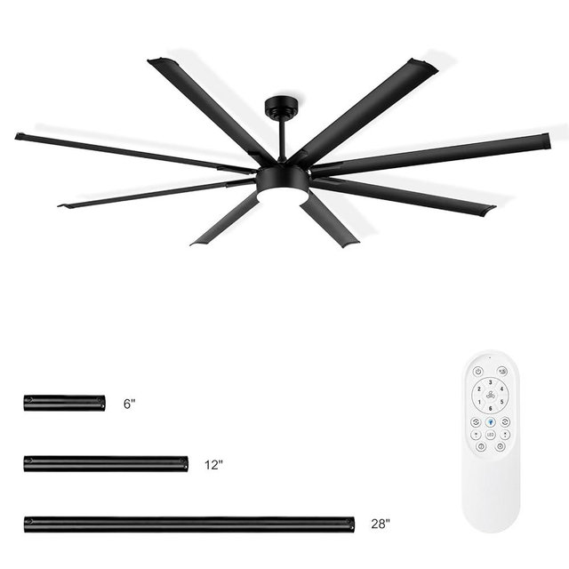 Yoedivu 84 Inch Industrial Ceiling Fan, Large Black Ceiling Fan with Lights and Remote, Big Ceiling Fan with 3 Downrods 8 Reversible Blades, Outdoor Ceiling Fans for Patios Living Room Garage Shop