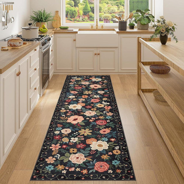 DUKINO Runner Rug, 2x7 Boho Kitchen Rug for Hallways with Low Pile Design, Washable Non Slip Backing Soft Floral Runner for Kitchen, Hallway, Entryway, Bedroom, Laundry, Black