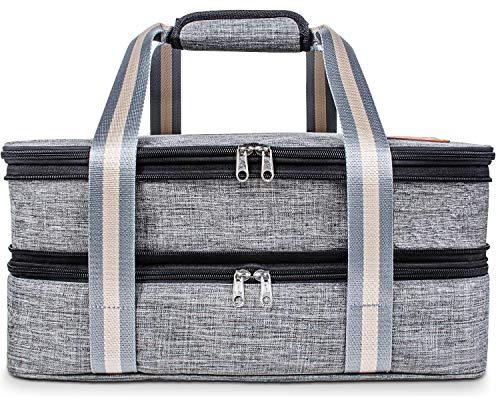 Insulated Expandable Dual Compartment Casserole Carrier for Potluck Parties, Picnic, Beach, Travel, Hiking & Camping. Lasagna Lugger, Thermal Tote Bag for Hot & Cold. Fits 9"x13" baking dishes