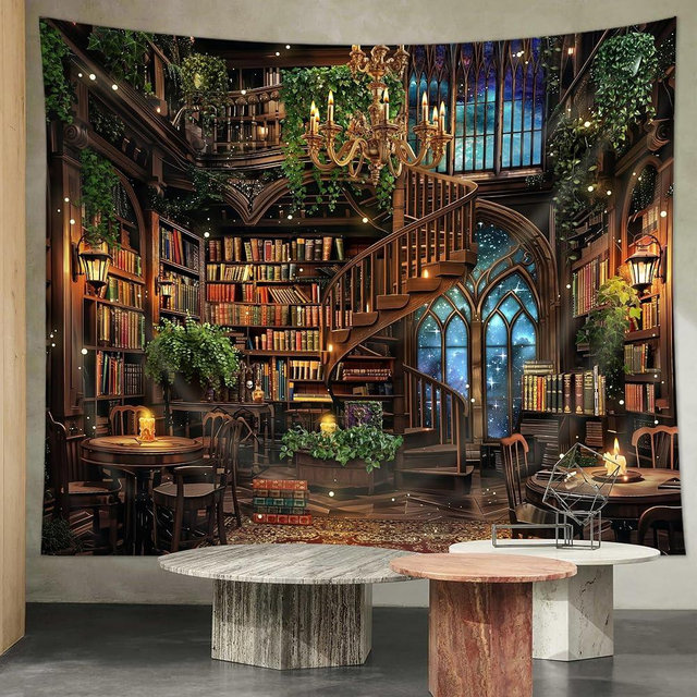 Riyidecor Magical Library Tapestry Fairy Tale Mysterious Mysty Bookshelf Wall Hanging Study Magic Book 59Wx51H Inch for Kids Children Child Toddler Nursery Bedroom Living Room Dorm Wall Home Decor