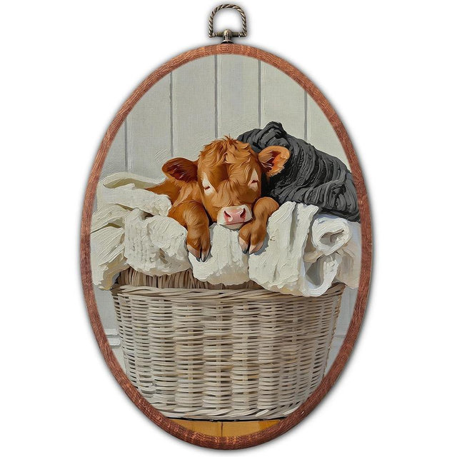 Lulavo Highland Cow Calf Laundry Basket Round Wall Art, Countryside Round Wall Decor, Retro Farmhouse Landscape Hanging Canvas Prints for Laundry Room Washroom Bathroom, 8.6x11.4 Inch