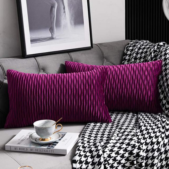 DEZENE 12x20 Purple Throw Pillow Cases: 2 Pack Original Striped Velvet Rectangular Decorative Pillow Covers for Farmhouse Couch