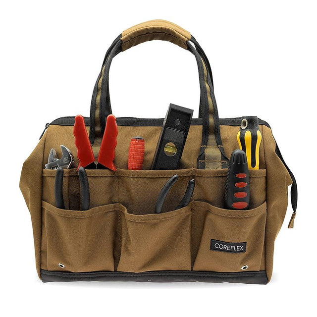 Coreflex 14 inch Wide-Mouth Tool Bag, Gear Bag, Multiple Purpose - for Plumbers, Electricians, Handymen also good for daily use, office use and camping. (Tan)