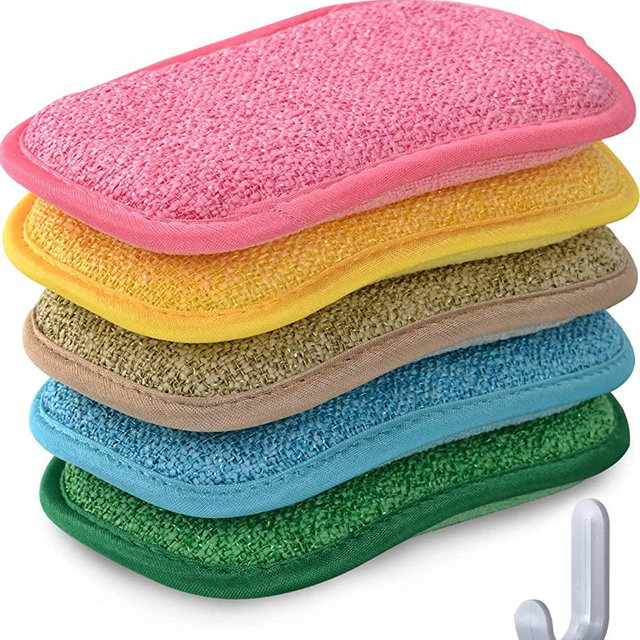 Multipurpose Kitchen Scrub Sponges, Heavy Duty Cleaning Non-Scratch Scrub Sponge, Reusable Microfiber Sponge for Household Cleaning, Pack of 5 Colors with a Hook