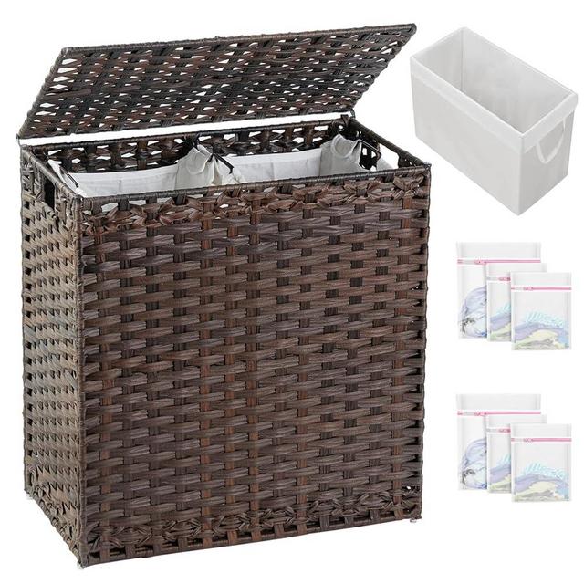 SETVSON Laundry Hamper with Lid Wicker Laundry Basket 112 L (29.6 Gal) Laundry Hampers Handwoven Rattan Laundry Hamper with Handles 3 Removable Washing Bag, 6 Mesh Bags for Bathroom Bedroom Brown