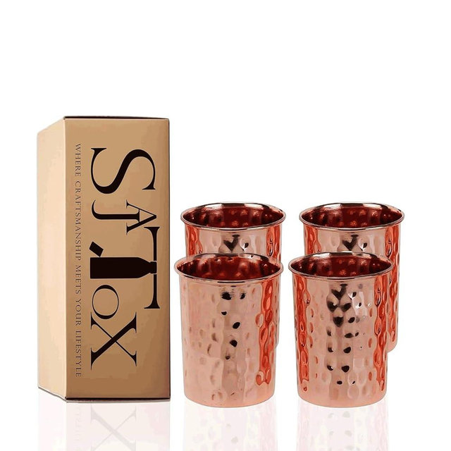 Pure Copper Tumblers for Drinking – Set of 4 Ayurvedic Copper Cups – 312 ml (11 fl oz) Each – Hammered Finish – Handmade Water Glasses for Daily Health Benefits