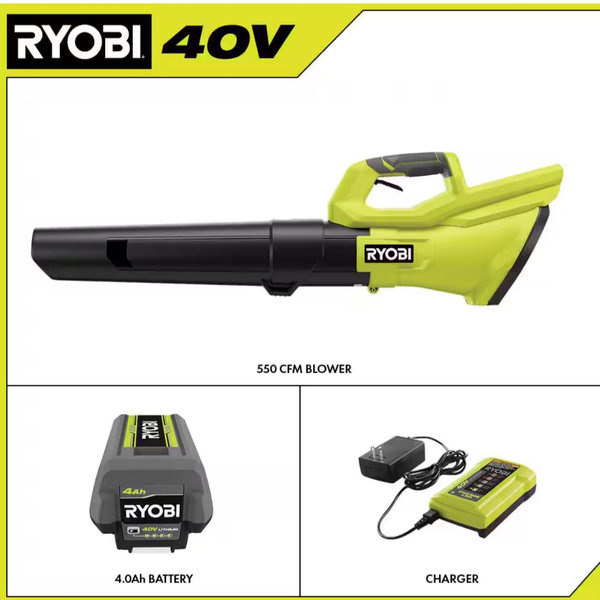 RYOBI 40V 120 MPH 550 CFM Cordless Battery Leaf Blower With 4.0 Ah Battery and Charger RY40LB01K