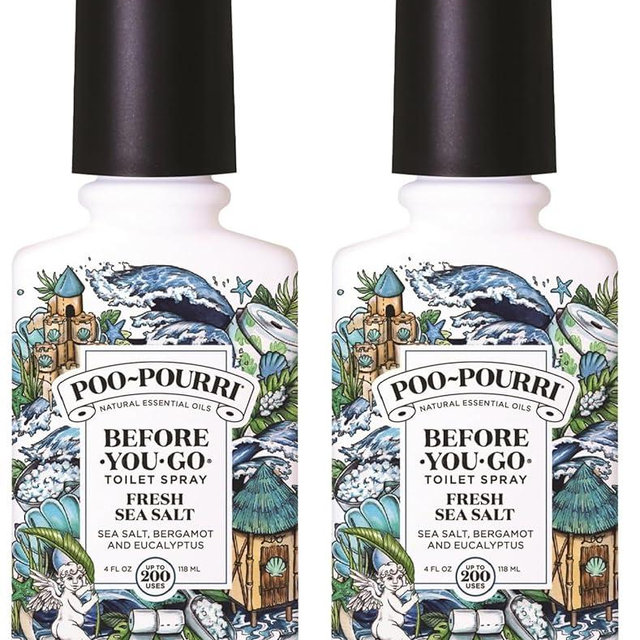 Poo-Pourri Before-You-Go Toilet Spray,Fresh Sea Salt,4 Fl Oz,Up to 200 Uses,Bathroom Odor Deodorizer,Plant-Based with Essential Oils,for Home or Work,Sea Salt,Bergamot & Eucalyptus Scent,(Pack of 2)