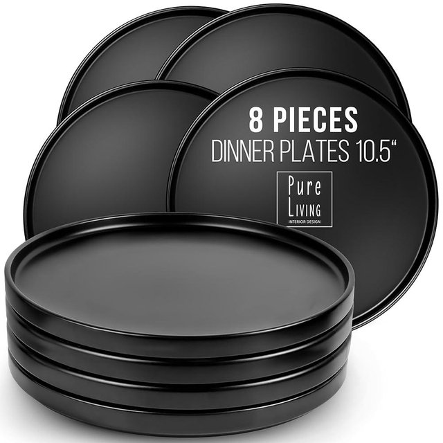 PURE LIVING INTERIOR DESIGN Dinner Plates Set of 8, 10.5" Stoneware Plates, Stylish Plates, Dinner Plates Ceramic, Dishwasher and Microwave Safe Matte Black Ceramic Plates