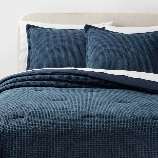 King Washed Waffle Weave Comforter and Sham Set Navy Blue - Threshold™
