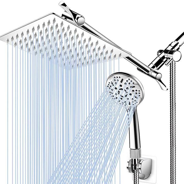 Shower Head with Handheld, High Pressure 8” Rain/Rainfall Shower Head Combo with 5FT Stainless Steel Hose, 11'' Adjustable Extension Shower Arm, 9 Settings Anti-leak Shower Head with Holder, Chrome