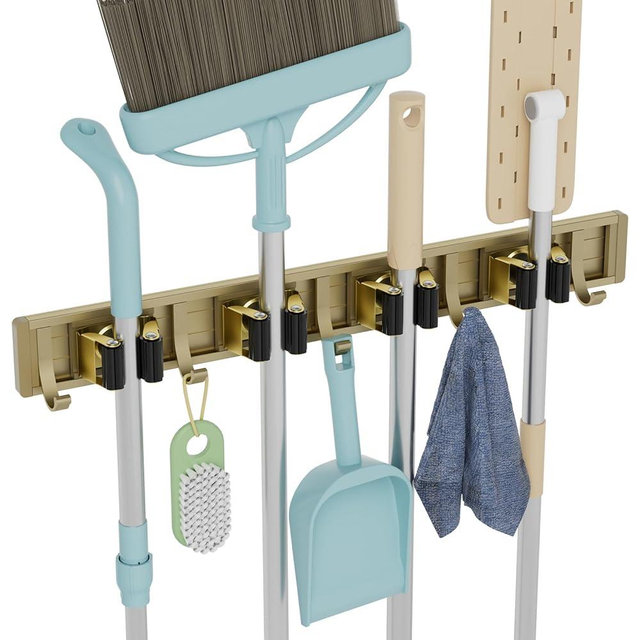 reliahom Broom Holder Wall Mount Mop and Broom Hanger Wall Mounted Garage Storage Rack Kitchen Garden Tool Organizer (4 Racks with 5 Hooks, Bronze)