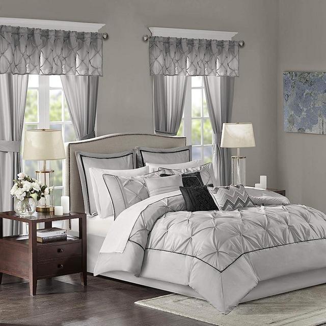 Madison Park Essentials Room in a Bag Faux Silk Comforter Set - Luxe Diamond Tufting All Season Bedding, Matching Curtains, Decorative Pillows, Grey King(104"x92") 24 Piece