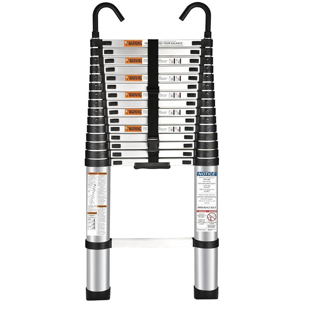 Telescoping Ladder 15.5 FT withb Hook, Aluminum Lightweight Extension Ladder with 2 Triangle Stabilizers, Heavy Duty 330lbs Max Capacity, Multi-Purpose Collapsible Ladder for Household or Outdoor Work