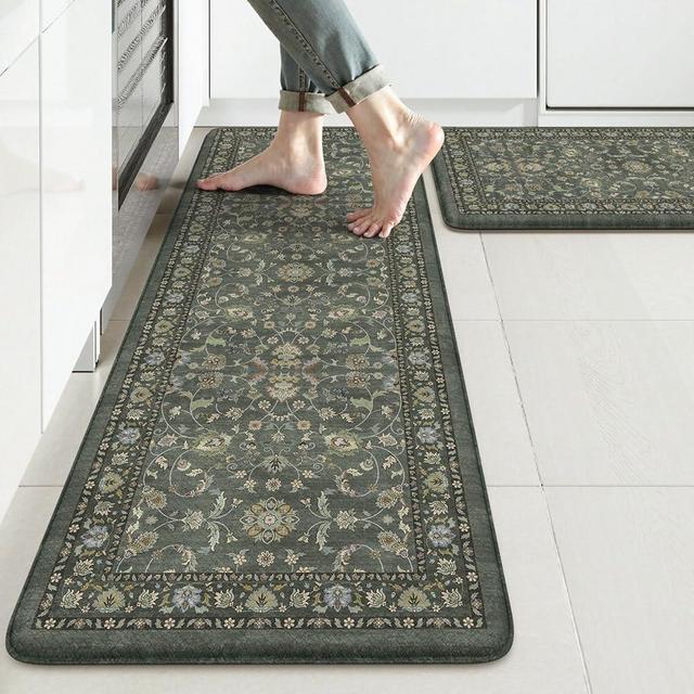 KIMODE Comfort Kitchen Mats for Floor Cushioned Anti Fatigue,Boho Vintage Kitchen Rugs Sets of 2 Non Slip,Memory Foam Kitchen Floor Mat Carpet for Laundry Office Home Decor,Dark Green