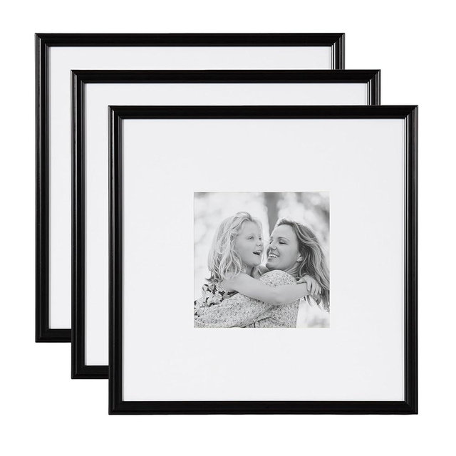 Kate and Laurel Adlynn Square Picture Frame Set of 3, 16 x 16 matted to 8 x 8, Black, Modern Three-Piece Frame Set for Gallery Wall Frame Set in Living Room Wall Decor