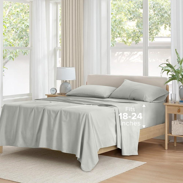 Comfort Spaces Extra Deep Pocket, 100% Cotton King Fits up to 24" Mattress, Breathable, Naturally Cool Cotton, Soft Cotton Sheets, All Seasons Sheet Set, Grey 4 Piece