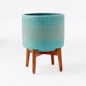 Mid-Century Turned Wood Leg Planters - Wide, Turquoise