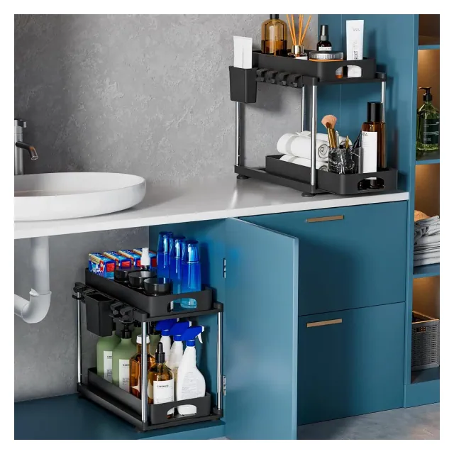 MaseiKar 2 Pack Under Sink Organizer, Under Sink Organizers and Storage for Kitchen Bathroom, Cabinet Organizer with Two Slide-Out Drawers, Black