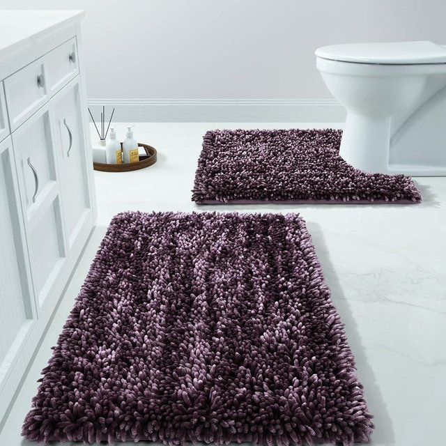 Yimobra Bathroom Rugs Sets 2 Piece, Luxury Shaggy Extra Thick Bathroom Rugs, Plush Non-Slip Mats for Bath Room Floor, U-Shaped Toilet Mat, Ultra Absorbent, 24 x 17 + 24.4 x 20.4 Inches,Dark Purple