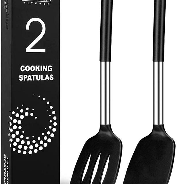 Pack of 2 Large Silicone Cooking Spatulas, BPA Free Stainless Steel Kitchen Utensils for Baking, Frying, Stir-Fry, Non-Stick Non-Scratch Heat Resistant Slotted and Solid Spoonula (Black)