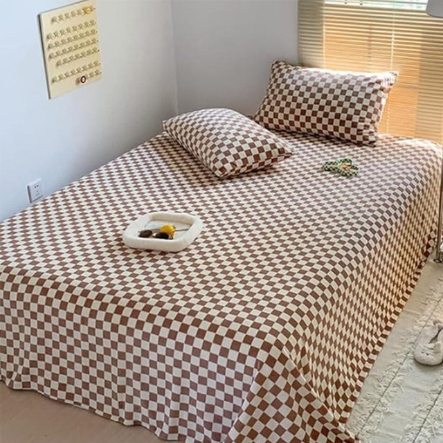 CLOTHKNOW King Size Sheet Set Brown Plaid 4Pcs Checkerboard Sheet Sets Light Brown Plaid Flat Sheet Geometric Fitted Sheet Boho Bedding Sheet Sets King