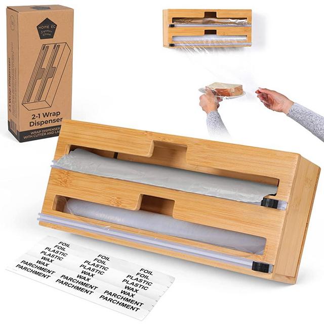 Home EC Foil and Plastic Wrap Organizer - Plastic Wrap Dispenser with Cutter, aluminum foil dispenser, aluminum foil organization and storage, Bamboo plastic saran wrap dispenser with cutter, 12" Roll