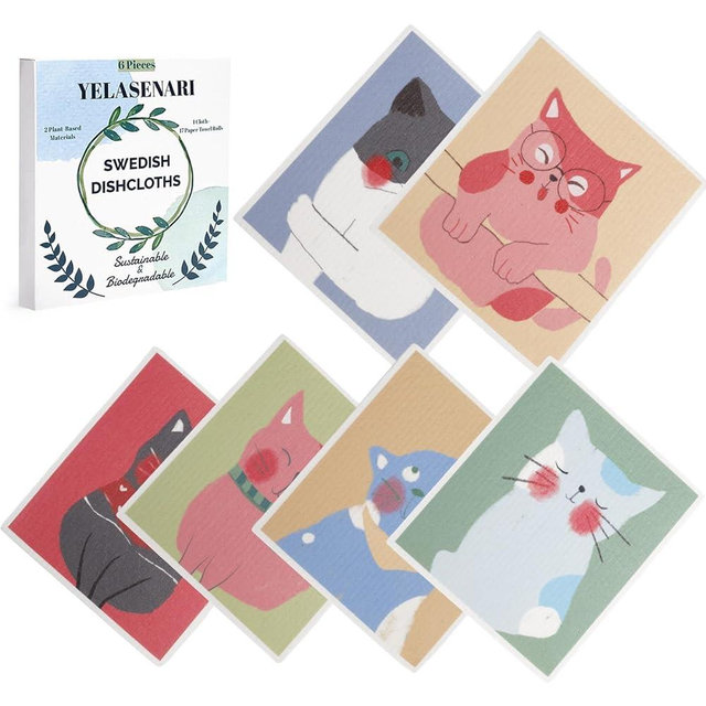 Yelasenari Swedish Dishcloths for Kitchen Reusable 6 Pack Kitchen Towels No Odor Quick-Drying Reusable Paper Towels Reusable Paper Towels Washable for Countertop, Sink, and Kitchen cat