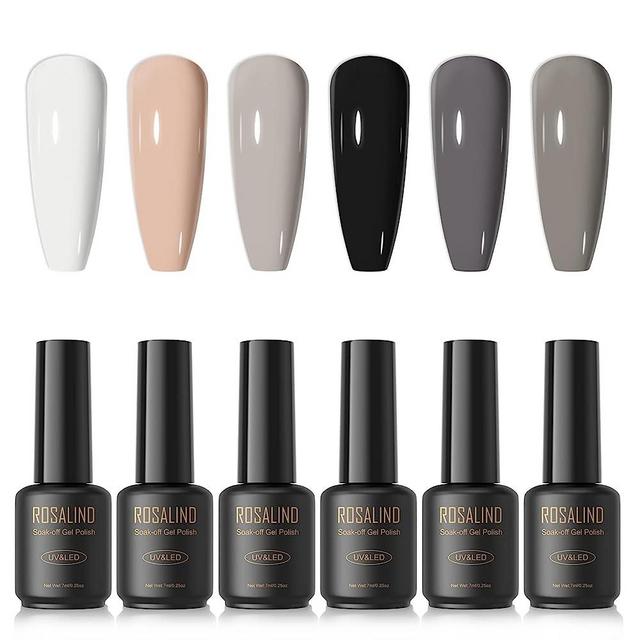 ROSALIND 6PCS White Nude Gel Polish Set Black White Colors Gel Nail Polish, Neutral Gel Nail Polish Black Gray Gel Collection Nail Polish Fall Winter White Black Nude Gel Nail Manicure Gift for Women
