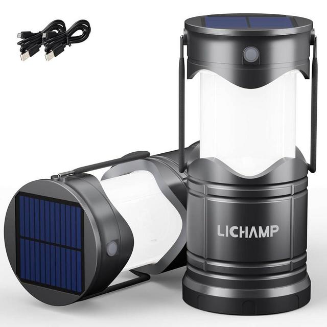 Lichamp 2-Pack Solar Camping Lantern, USB Rechargeable LED Lanterns Battery Powered Pop Up Flashlight Lamps with Three Modes Power for Power Outages Hurricane Supplies Emergency Indoor & Outdoor