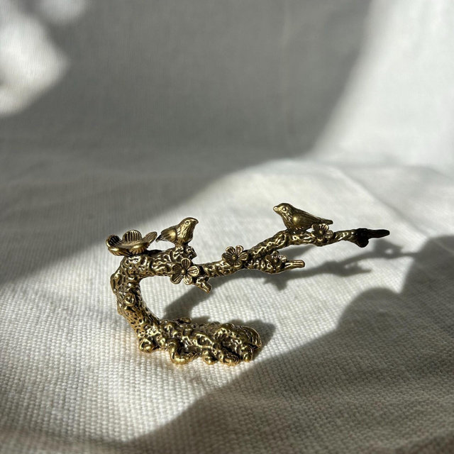 Vintage Brass Birds on Blossom Branch – Japanese-Style Decorative Piece