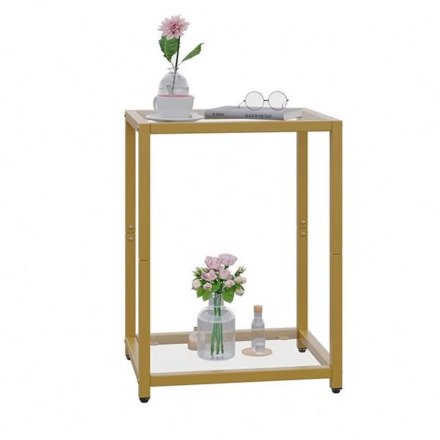 Rovaurx Small End Table, Sofa Side Table with Tempered Glass Top, Elegant Bedside Table for Living Room, Bedroom, Balcony, 2 Storage Shelf, Metal Frame, 15" L x 11.8" W x 19.7" H, Gold KBZ203J