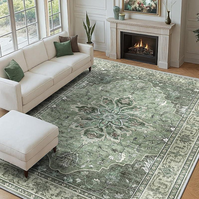 RELEANY Area Rugs 9'x12' Washable Non-Slip, Floral Vintage Distress Print Pattern Medallion Carpet for Living Room Bedroom Dining Room, Dark Green Gray