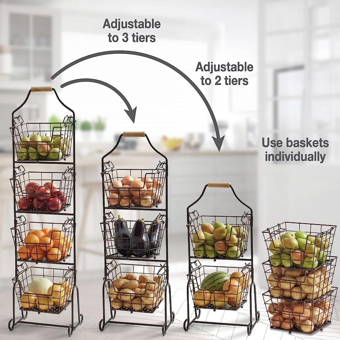 Gourmet Basics by Mikasa Ferme 4-Tier Metal Floor Standing Fruit/Home Storage Market Basket, Antique Black