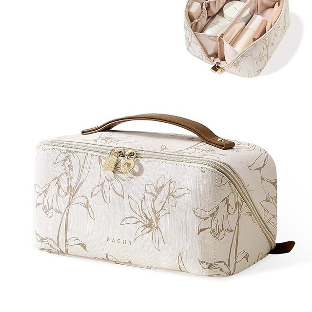 EACHY Travel Makeup Bag, Large Capacity Cosmetic Bags for Women, Waterproof Portable Pouch Open Flat Toiletry Bag Pattern Make up Bag (F-Beige)