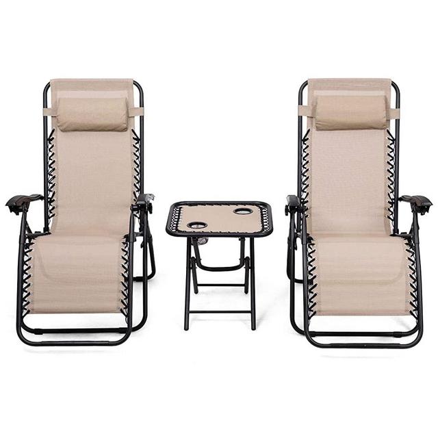 S AFSTAR Folding Zero Gravity Lounge Chair Set, 3 PCS Outdoor Recliners w/Removable Headrest and Portable Table for Balcony Patio Poolside (Beige)