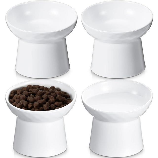 Tanlade 4 Pcs Ceramic Raised Cat Food Bowls Tilted Elevated Cat Food Bowl, Stress Free, Whisker Fatigue, Backflow Prevention, Dishwasher and Microwave Safe, Food and Water Bowls Set (White)