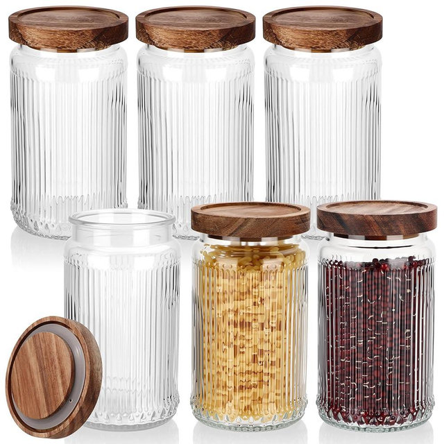 Acellegic 6 Pcs Vintage Glass Storage Jar Glass Containers with Wood Lid Ribbed Pattern Airtight Kitchen Spice Containers for Pantry, Coffee Bean, Grains, Tea, Sugar, Flour, Candy, Oats (1000ml)