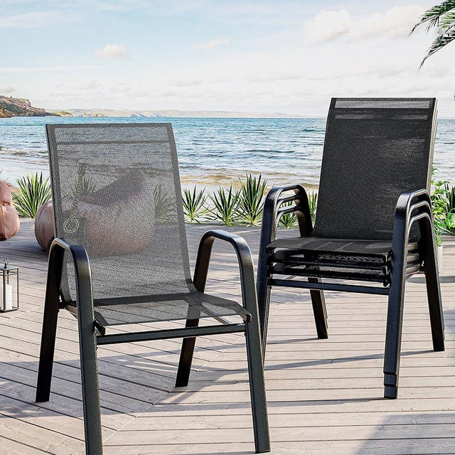 GarveeLife Patio Stackable Chairs Set of 4, Outdoor Stacking Dining Chairs With Breathable Textilene Fabric & Metal Frame for Outdoor, Patio, Deck, Backyard, Black