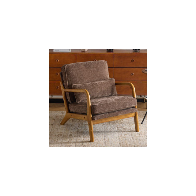 Karl Home Brown Mid Century Solid Wood Accent Chair Chenille Armchair