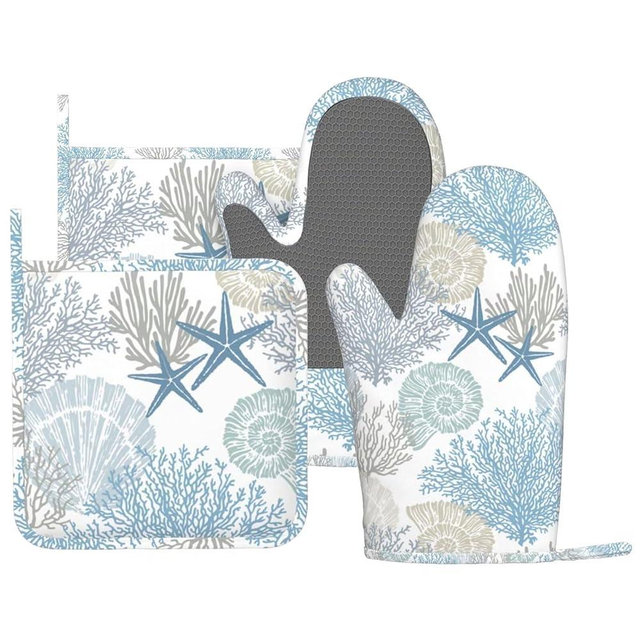 OWAGONGJE Nautical Coastal Oven Mitts and Pot Holders Set, 4pcs Silicone Starfish Seashell Coral Beach Themed Oven Glove for Kitchen Heat Resistant Oven Mitts and Non-Slip Potholders Blue White