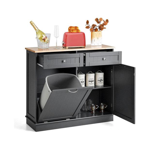 Wooden Kitchen Trash Cabinet Tilt Out Bin Holder with Drawer & Storage Shelf
